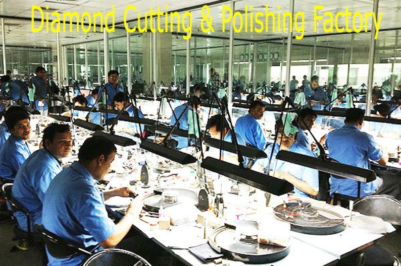 May include: An interior shot of a diamond cutting and polishing factory. Numerous workers in blue shirts are seated at workstations, each illuminated by a desk lamp. The text "Diamond Cutting & Polishing Factory" is visible at the top.