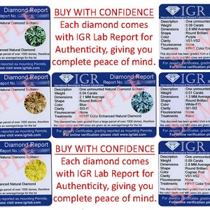 May include: Diamond report cards showcasing various colored diamonds, including green, purple, champagne, blue, white, yellow, and cognac. Each card details the diamond's weight, dimensions, shape, color, clarity, and treatments, with the text "BUY WITH CONFIDENCE" and "IGR Lab Report for Authenticity."