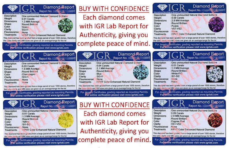 May include: Diamond report cards showcasing various colored diamonds, including green, purple, champagne, blue, white, yellow, and cognac. Each card details the diamond's weight, dimensions, shape, color, clarity, and treatments, with the text "BUY WITH CONFIDENCE" and "IGR Lab Report for Authenticity."