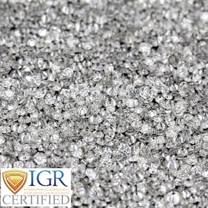 May include: A close-up shot of a large collection of sparkling, round-cut diamonds. The diamonds are clear and reflect light, creating a brilliant display. The image includes the text "IGR CERTIFIED" from the International Gemological Research Laboratories.