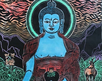 Medicine Buddha with stag, Healing Buddha, invoked for healing illness, meditation Buddhism, Buddhist, faithstoneart, mokuhanga woodblock