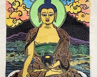 Buddha with humpback whales, Shakyamuni, Buddhist art, Thangka, Dharma, Meditation, Buddhist Deity, faithstoneart, mokuhanga woodblock,