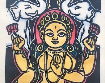 Little Laxmi, Goddess of Wealth, Diwali, Festival of Lights, Goddess Lakshmi, Hindu goddess, faithstoneart, mokuhanga woodblock