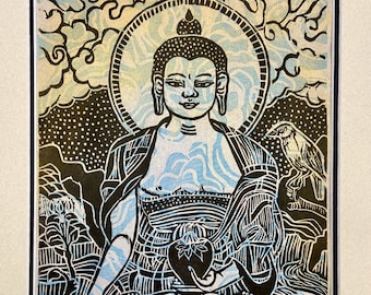 Medicine Buddha Woodblock Print: Mountain Bluebird, Mokuhanga Art