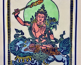Manjushri Lion Woodblock Print: American Buddhist Art