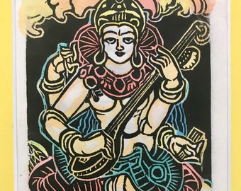 Saraswathi Woodblock Print: Goddess of Music, Mokuhanga Art