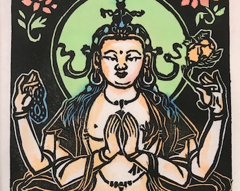 Chenrezig Woodblock Print: Bodhisattva of Compassion, Japanese Mokuhanga