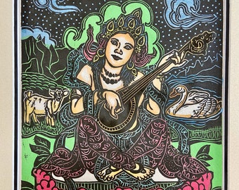 Tula Saraswathi, Saraswathi goddess of music and art, Everyday Goddess, Saraswati w goat and swan, Mokuhanga woodblock, Buddha woodblocks