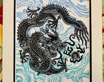 Dragon Guarding the Pearl of Wisdom, Dragon, Tibetan Dragon, Dragon and clouds thangka art mokuhanga woodblock Asian dragon, Imperial dragon