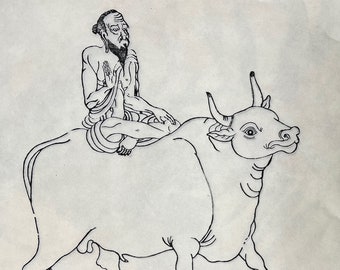 Riding the Bull, Zen story, vintage woodblock, Sage riding bull woodblock, Zen woodblock, preserving woodblocks, Zen art, mokuhanga woodcut