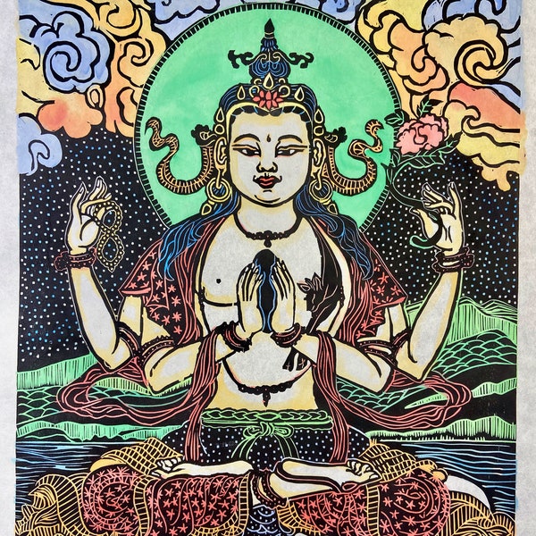 Chenrezig with dolphins, Chenrezig, dolphins, American Buddhist art, thangka art, loving-kindness, faithstoneart, mokuhanga woodblock