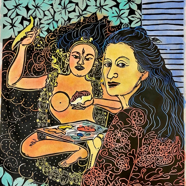 Vajra Yogini Woodblock Print: Hand-Carved Japanese Art (18x24)