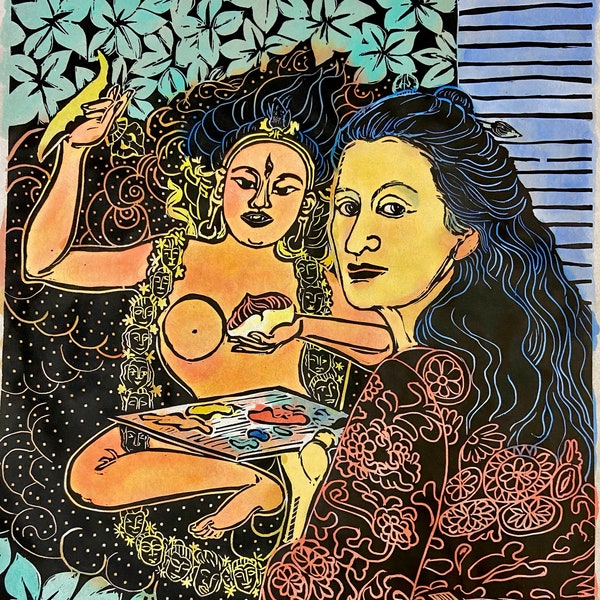 Self portrait with Vajra Yogini, Self-portrait, artist portrait, Faith Stone, painting Vajra Yogini, faithstoneart, mokuhanga woodblock,