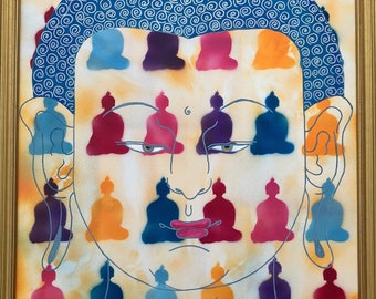 Puede incluir: Una pintura colorida de un Buda con una cabeza azul y remolinos blancos. La cara del Buda está compuesta por figuras más pequeñas de Buda en varios colores, incluyendo naranja, rosa, morado y azul.