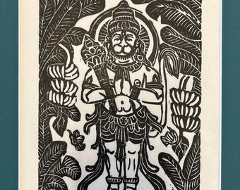 Hanuman anjali mudra, Hanuman monkey king, friendship and devotion Hanuman, mokuhanga woodblock