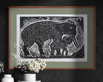 Embrace, mom and baby elephant, Large hand pulled woodblock fine art print