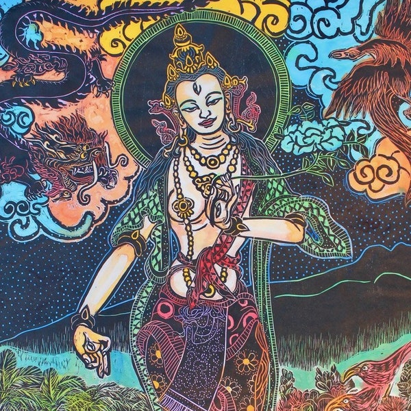 Biała Tara Mokuhanga Print: Hawajska sztuka bogini, smok i feniks