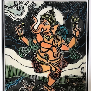 Ganesha dancing in Eldorado Canyon, Dancing Ganesha, Colorado Ganesha with stags, AmericanBuddhistArt, faithstoneart, mokuhanga woodblocks