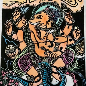 Ganesha dancing with cobra, Nepalese Ganesha, Buddhist Ganesha, Buddha art, thangka, AmericanBuddhistArt, faithstoneart, mokuhanga woodblock