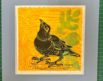 Mynah with Ulu, Breadfruit and Mynah, Hawaiian Mynah, Ulu quilt pattern with Mynah, Mynah bird, Carved woodblocks, hand-printed on kozo,