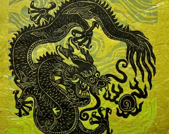 Dragon Guarding the Pearl of Wisdom, Dragon, Tibetan Dragon, Dragon and clouds thangka art mokuhanga woodblock Asian dragon, Imperial dragon