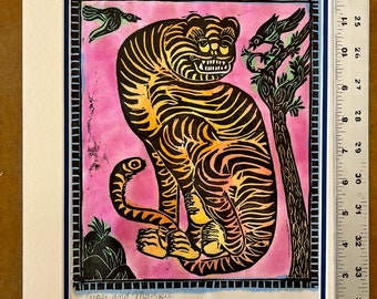 Tiger and Magpie, faithstoneart, mokuhanga woodblock, Protection and Good News, Korean New Year, Korean Tiger, Good Luck for New Year