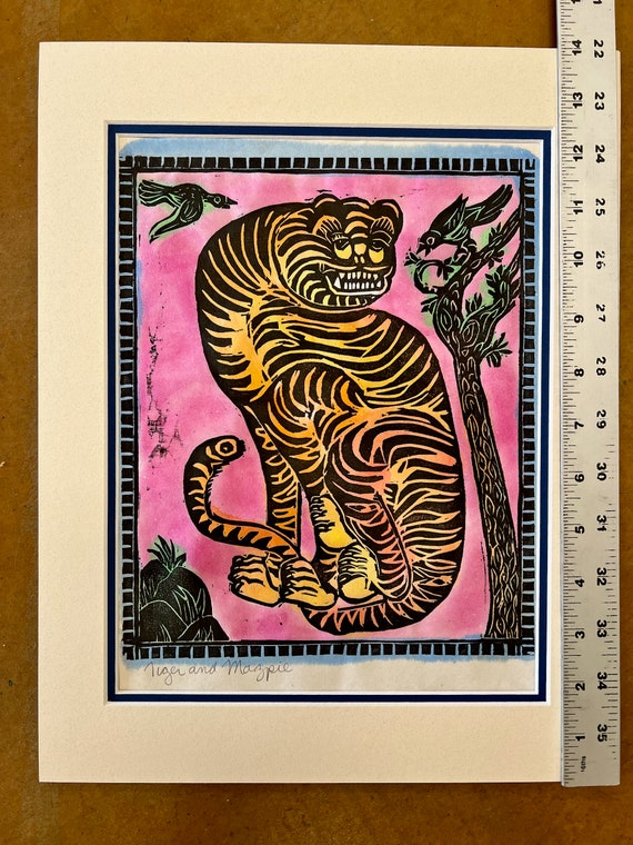 虎とカササギの木版画：韓国の新年の芸術、守護と幸運 - Etsy 日本