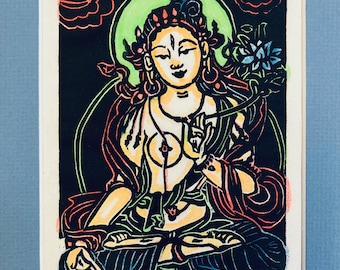 Tara, Tiny Tara, a 4x6 in Tara,  of Tara the goddess of loving-kindness, White Tara, thangka art,faithstoneart, mokuhanga woodblock