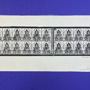 May include: Black and white print of a repeating pattern of seated figures in a grid. The print is titled "Akchobyp" and signed "hand painted by Satish Chona".