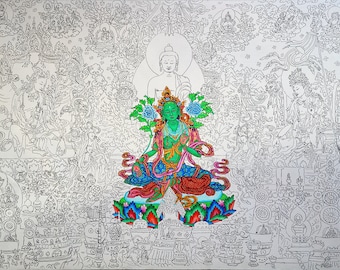 May include: A detailed illustration of a green deity with a crown, sitting in a lotus position on a lotus throne. The deity is surrounded by intricate floral designs and other figures. The background is filled with a complex pattern of lines and shapes.