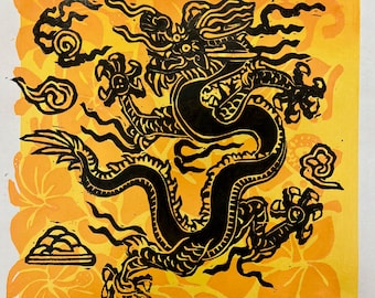 Year of the Dragon with Hibiscus flowers, Woodblock Dragon Art