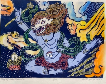 SimhaMukha, Flying Dakini, SimhaMukha, Lion-Faced Dakini, Protector Goddess, Lion Dakini, flying Dakin, woodblocks, Buddha woodblocks