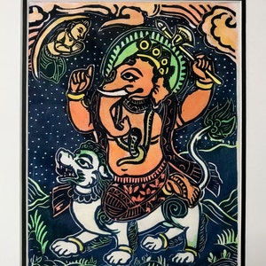 Ganesha riding a snow lion, faithstoneart, mokuhanga woodblock, Ganesha snow lion, Tibetan Ganesha, Nepalese Ganesha, elephant headed God