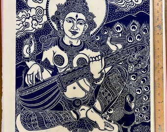 Saraswati 2x30 in. 4 woodblock, Goddess of music and art, mokuhanga hand carved hand rubbed woodblock FaithStoneArt, Buddha Art, Goddess