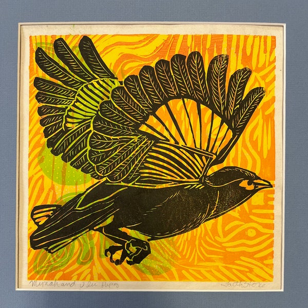 Flying mynah, Hawaiian Mynah,   mynah birds, Hawaii, woodblocks, mokuhanga woodblocks, Faith Stone Art, Hawaiiana, Mynah bird, woodblocks