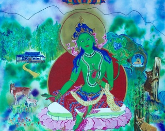 Giclée of Green Tara, Giclée of an original painting, Tara, Buddhist Art, Wisdom Goddess, wildlife FaithStoneArt, meditation and compassion