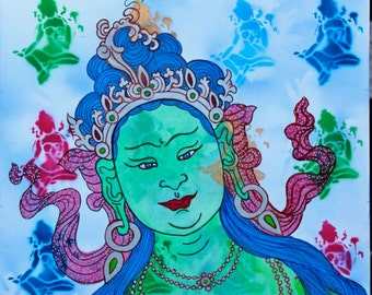 Green Tara, AmericanBuddhistArt, Contemporary Tara, thankga art, Buddhist Art, Compassion goddess, Tara stencil, Graffiti Tara FaithStoneArt
