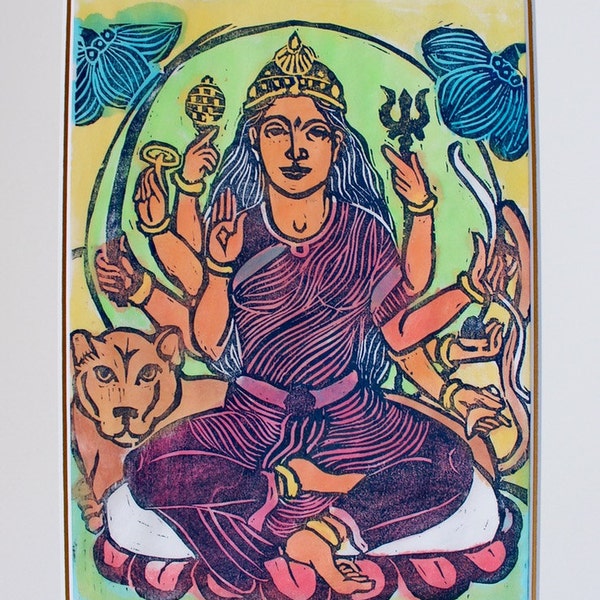 Durga with red lotus, mokuhanga woodblock, Goddess, protector Goddess, Goddess with lion, Hindu Art, Yoga, meditation art, Yoga Art, sacred