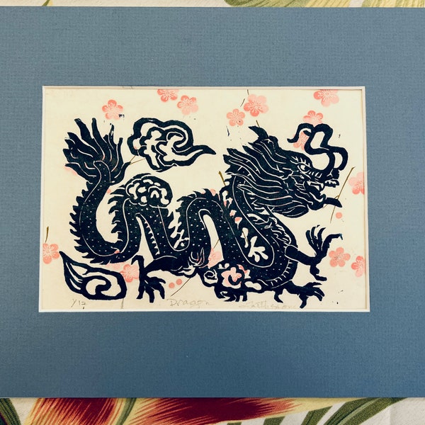 Dragon woodblock on Chiyogami Japanese paper with cherry blossoms, hand printed dragon, dragon woodblock, Dragon art, woodblock dragon