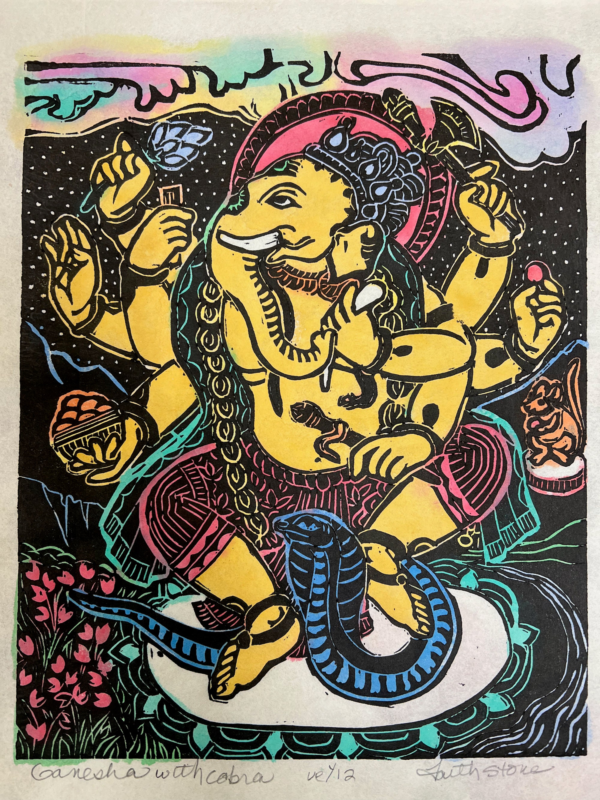 ガネーシャの木版画：コブラと踊るネパール仏教美術 - Etsy 日本