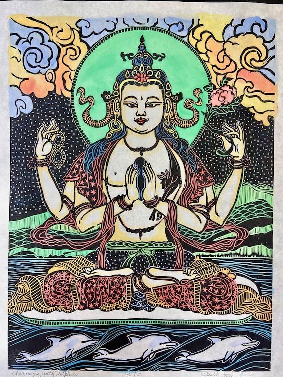 チェンレジグ木版画：イルカ、ハワイアンアート（22x28インチ） - Etsy 