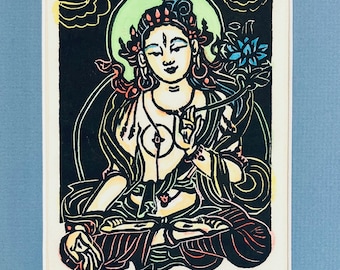 Tiny Tara, a 4x6 in Tara,  of Tara the goddess of loving-kindness, White Tara, thangka art, faithstoneart, mokuhanga woodblock