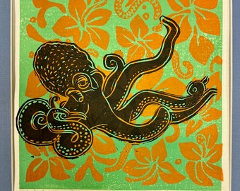 Octopus Hibiscus. Octopus woodblock