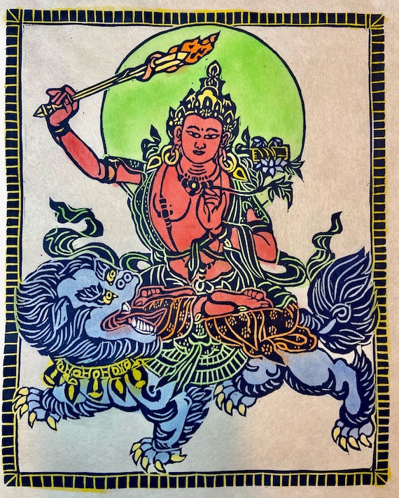 文殊菩薩　水墨画 仏像と獅子 フレーム付き 文殊菩薩 水墨画 仏像と獅子 フレーム付き 文殊菩薩 水墨画 仏像