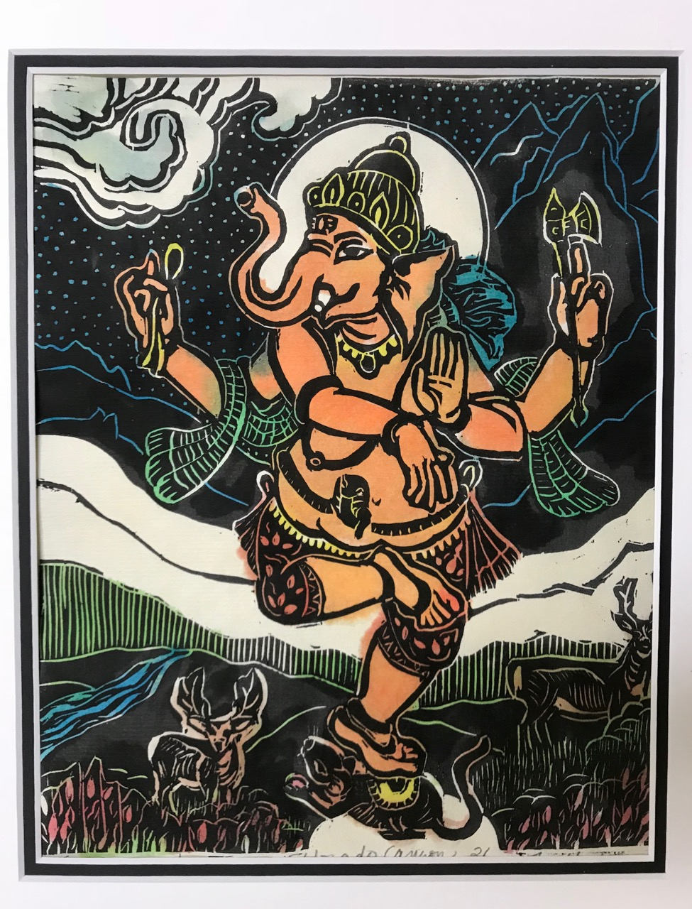 Ganesha dancing in Eldorado Canyon, Dancing Ganesha, Colorado Ganesha with stags, AmericanBuddhistArt, faithstoneart, mokuhanga woodblocks