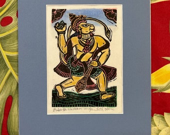 Baba Hanuman, Hanuman woodblock, Mokuhanga woodblock of Hanuman, Hanuman devotion and friendship, Hand-carved Hanuman, Sumi ink Hanuman,