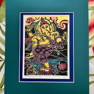 Ganesha, Dancing Ganesha, Elephant-headed remover of obstacles, Ganesha and Moushika, mokuhanga Ganesha,faithstoneart, mokuhanga woodblock