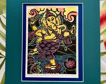 Ganesha, Dancing Ganesha, Elephant-headed remover of obstacles, Ganesha and Moushika, mokuhanga Ganesha,faithstoneart, mokuhanga woodblock