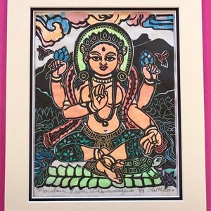 Laxmi Goddess of wealth, abundance, love and prosperity, Buddha art, Buddhist artist,  Lakshmi faithstoneart, mokuhanga woodblock,