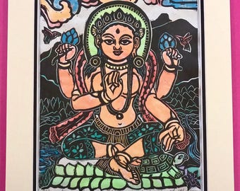 Laxmi Goddess of wealth, abundance, love and prosperity, Buddha art, Buddhist artist,  Lakshmi faithstoneart, mokuhanga woodblock,